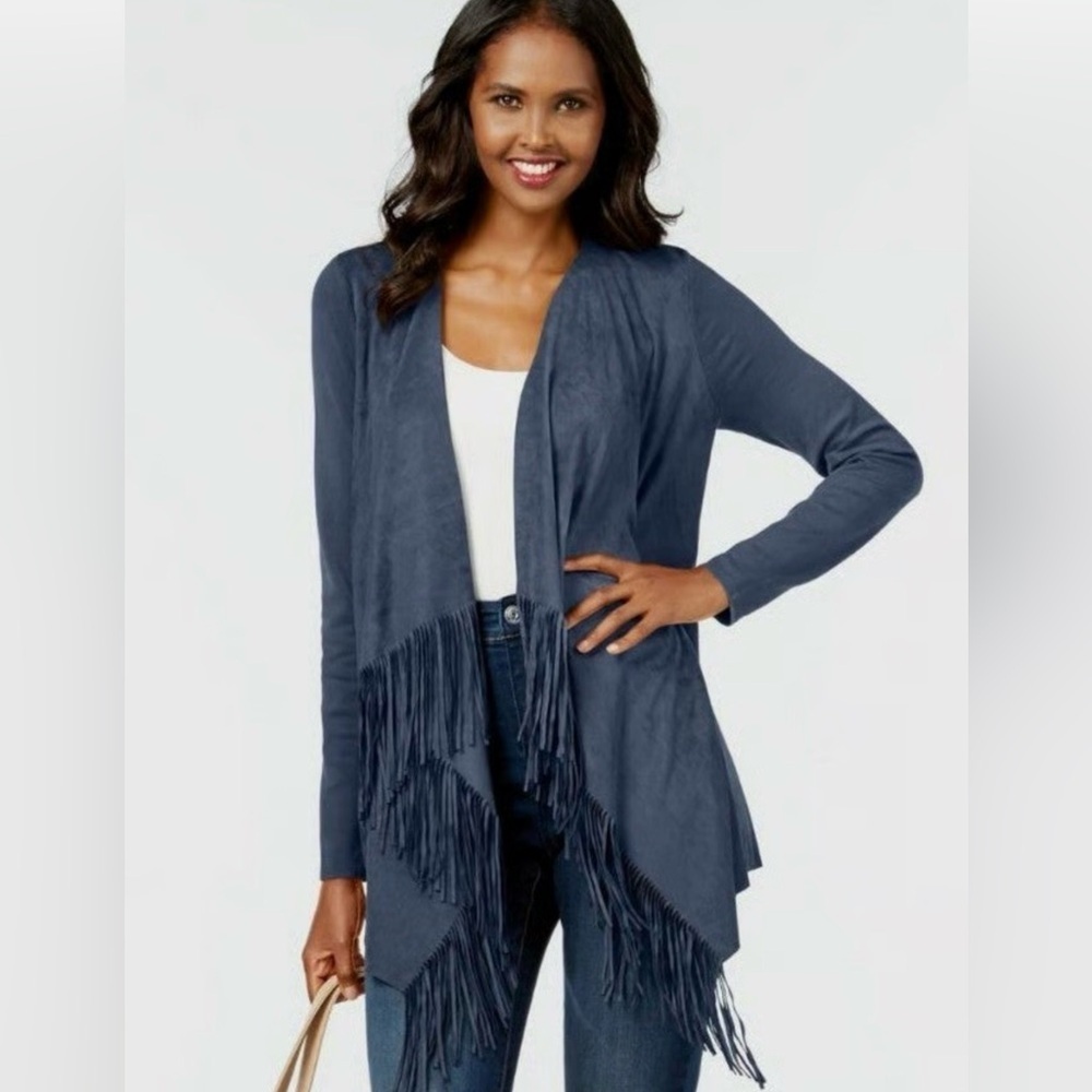 INC INT CONCEPTS S Blue fringe stretch open layering cardigan bohemian western